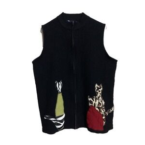 Penningtons Women's 2X‎ Fancy Cat Lady Black Boiled Wool Vest Appliqued Cats